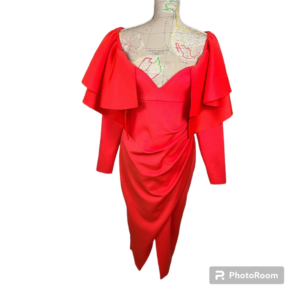 ASOS DESIGN Size 10 Red Orange Dramatic Ruffled Sleeves Open Back Midi Dress NWT - Picture 6 of 11
